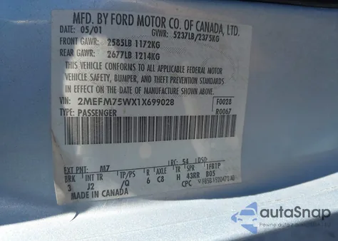 2001 Mercury Grand Marquis Ls из США, поврежденный, VIN 2MEFM75WX1X699028